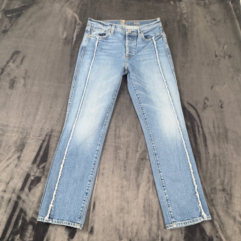 7 For All Mankind Edie Jeans Womens 27 Blue Frayed Seam Straight Leg Denim‎